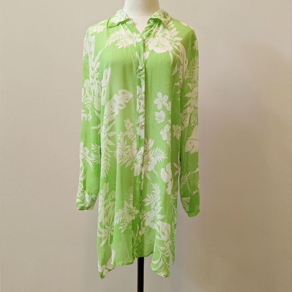 Vintage Tropical Floral Button-Up Sheer Silk Tunic Swim Cover - Picture 1 of 12